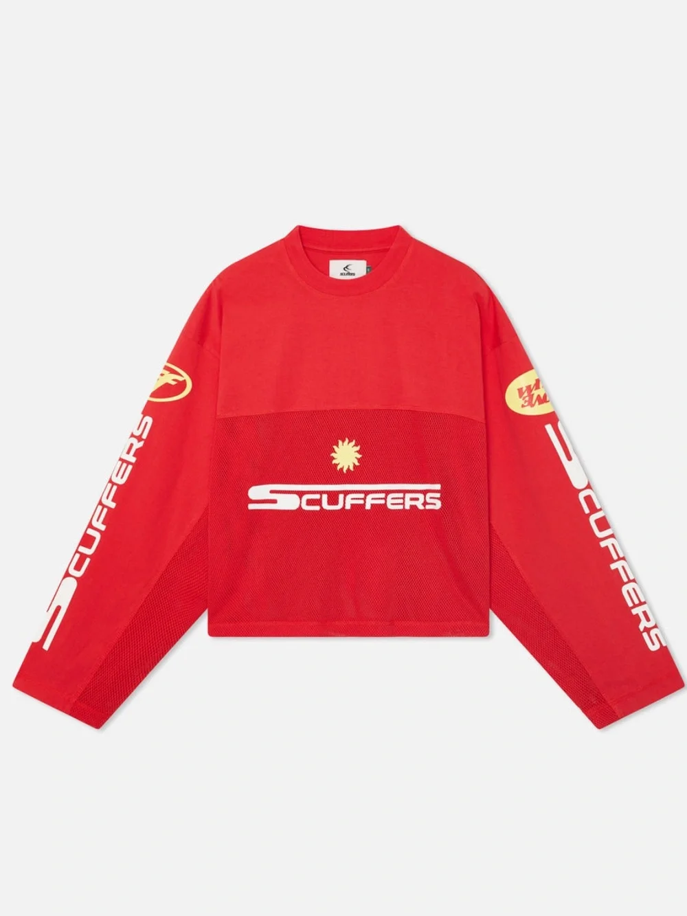 SCUFFERS Oversized Men Red Crewneck Mesh Pullover Sweater